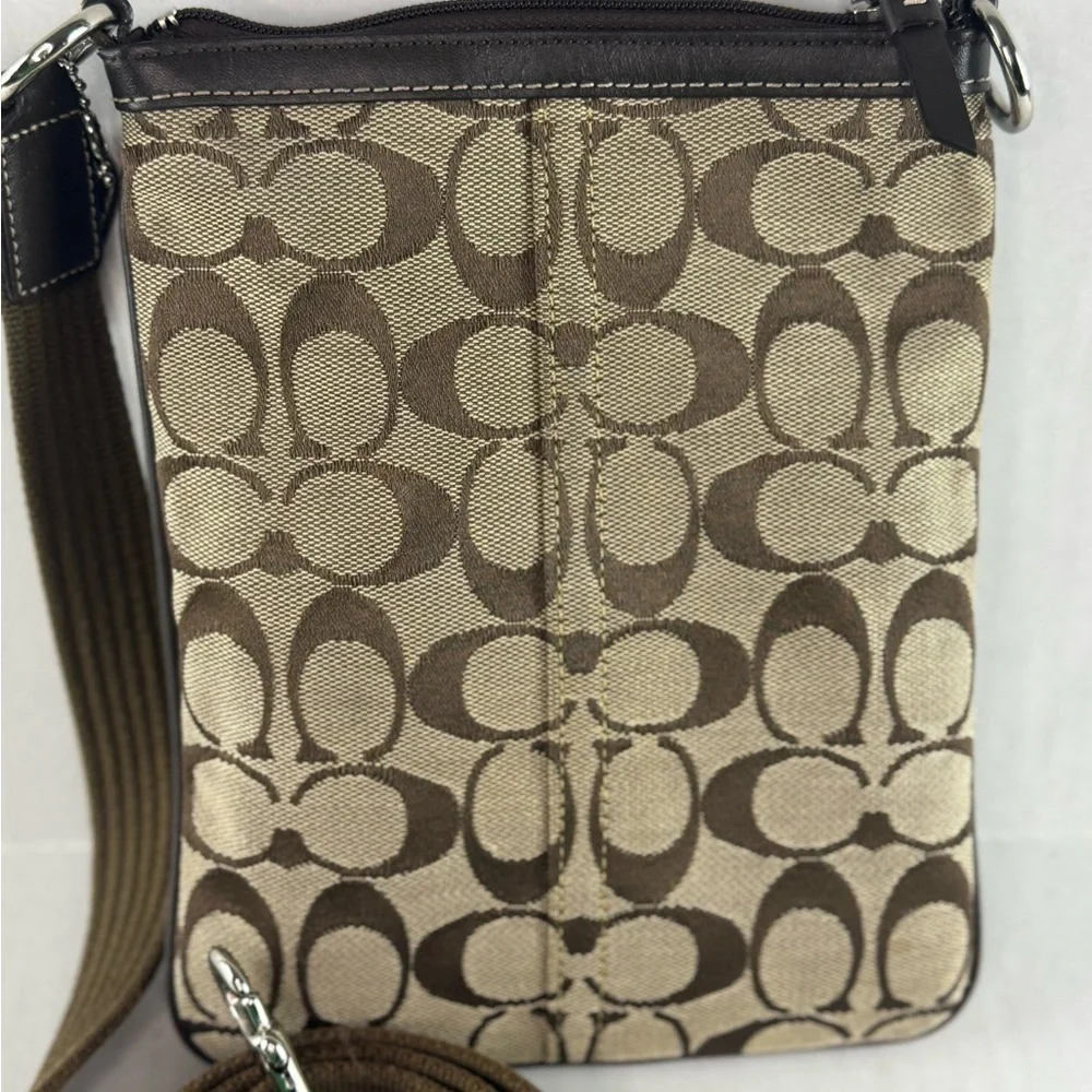 Coach Vintage Small Crossbody Bag Tan Logo Printed Canvas Brown Leather Accents.